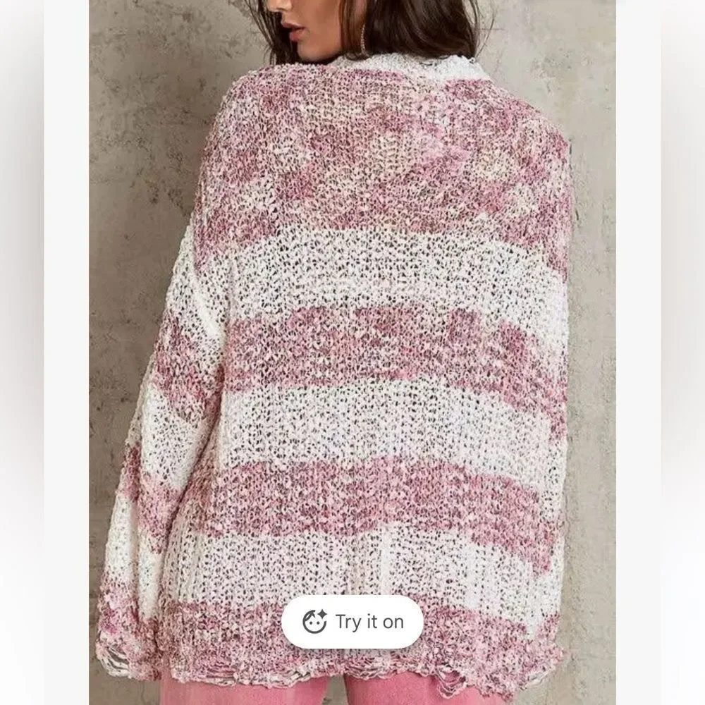 POL White Multi Stripe Distressed Sweater Womens Small NEW